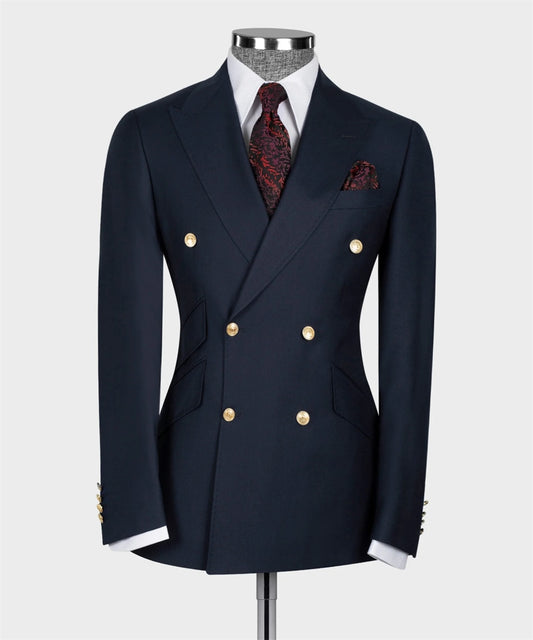 Traje clásico de padrino de boda gris con doble botonadura y botones dorados, blazer y pantalón azul marino, traje de negocios para hombre.