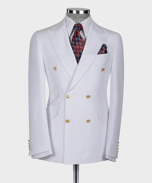 Costume de marié classique à double boutonnage, boutons dorés, blanc, pour fête de mariage, 2 pièces, blazer et pantalon pour homme