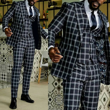 Costume de mariage classique à carreaux pour homme, 3 pièces, blazer, pour fête, bal de promo