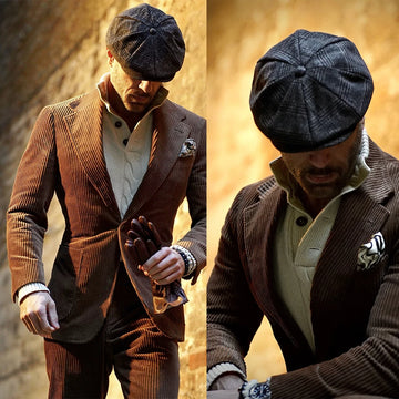Coffee Corduroy Men Pants Suits Peaked Lapel Groom Party Blazer Business Wear Coat(Jacket+Pants)