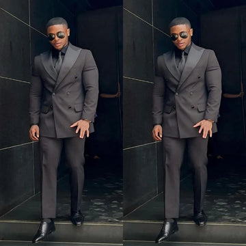 Cool Black Tuxedos For Men Slim Fit 2 Pieces Double Breasted Peaked Lapel Groom Wear Jacket Pants