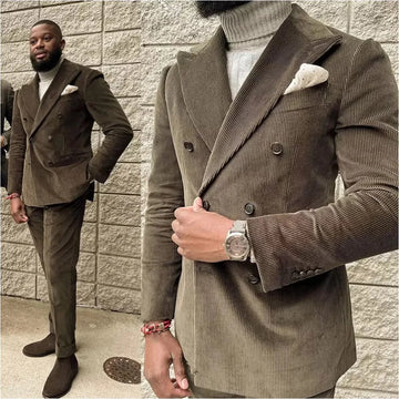 Corduroy Men's Suits 2 Pieces Double Breasted Peaked Lapel Costume Homme Slim Autumn Retro Tooling For Wedding Groom Jacket Pant
