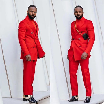 Traje de hombre rojo de doble botonadura, entallado, para boda, esmoquin, para novio, graduación, padrino, blazer, 2 piezas, chaqueta y pantalón
