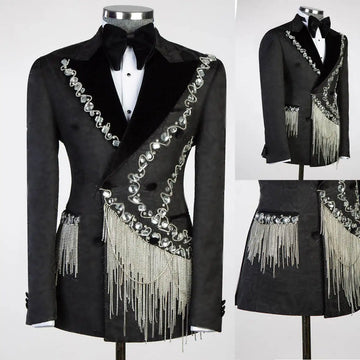 Crystal Beading Mens Wedding Tuxedos Custom Made Groom Wear Peaked Lapel Prom Male Birthday Party Jacket One Piece