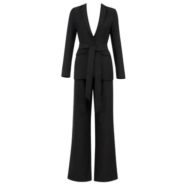 Custom Women Suits Sets Slim Fit Notch Lapel Blazer Trousers Ladies Sexy Deep V Neck Coat With Belt 2Pcs Jacket Wide Leg Pants