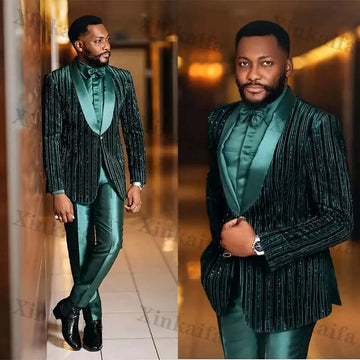 Customized Fashion Dark Green Wedding Men Suits New Shine Casual Tailor-Made Groom 2-Pieces Formal Occasions Singer Party