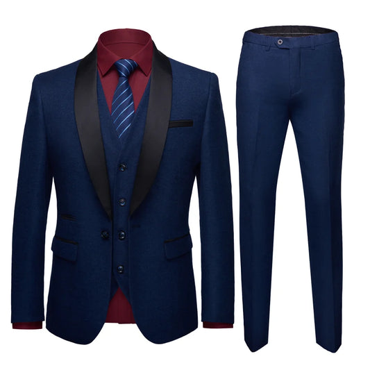 Costume homme bleu foncé avec revers châle noir, costume homme mariage marié Terno Slim Fit Blazer 3 pièces (veste + pantalon + gilet)