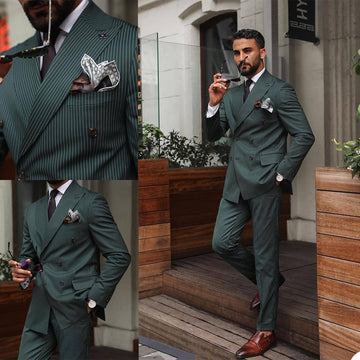 Esmoquin de rayas verde oscuro para hombre, traje de novio cruzado, traje de boda, pantalón, chaqueta, chaqueta y pantalón para fiesta de graduación y negocios.