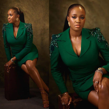 Blazer verde oscuro para mujer con apliques de lentejuelas, chaqueta de fiesta de noche de una pieza para madre de la novia