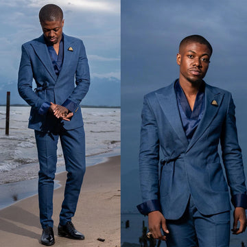 Dark Navy Men's Suits Tailored 2 Pieces Blazer Pants Peaked Lapel With Belt Slim Fit Denim Wedding Groom Custom Made Plus Size