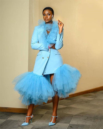 Designer Women Suits Blazer Dress Double Breasted V Neck With Ruffles Tulle Custom Made Formal Fashion Prom Evening Dress