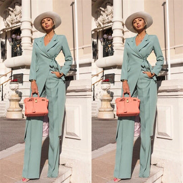 Designer Women Suits Set Blazer+Pants 2 Pcs Long Jacket With Belt Knee Length Coat Prom Dress Lace Up Party Gown Custom Made