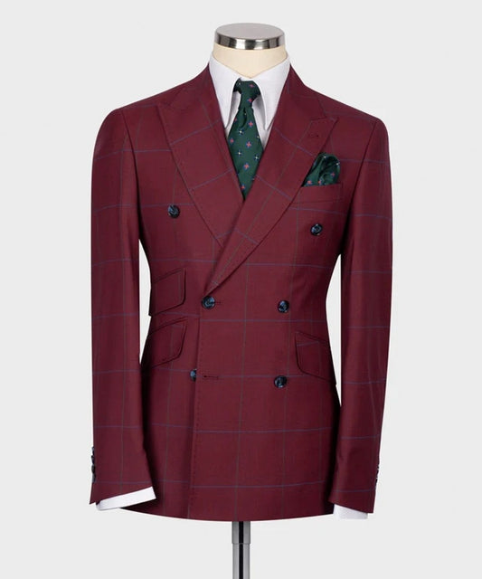 Costume homme bordeaux à carreaux croisé pour mariage, coupe slim, 2 pièces, blazer et pantalon, tenue d'affaires, soirée formelle, élégant