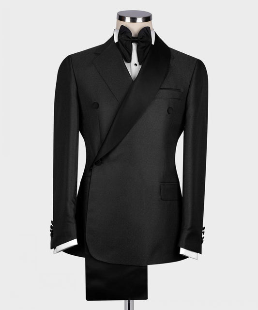 Élégant smoking de mariage croisé bleu foncé avec col en satin noir 2 pièces, blazer et pantalon pour marié, costume de bal de fin d'année