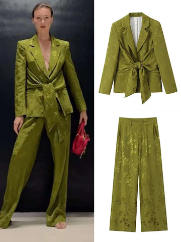 Chic Olive Green Jacquard Blazer and Wide-Leg Pants Matching Set with Bow Detail for Effortless Summer Elegance