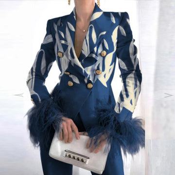 Elegante traje de cuello vuelto para mujer, top informal con retazos de plumas, abrigo de manga larga, chaqueta cruzada de moda para mujer, ropa de abrigo
