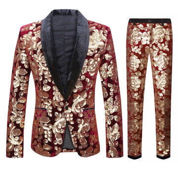 Blazer + Trousers) Men's Suit Fashion Slim Burgundy Velvet Sequins Wedding Wedding Groom Dress 2 Piece Set