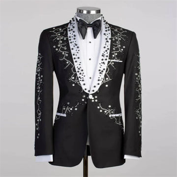Exquisite Black Suits Men Luxury Cryatals Beading Groom Wedding Tuxedos Fit Slim 2 Piece White Lapel Jacket Pants Male Clothing