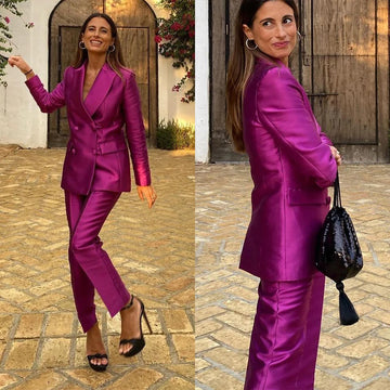 Fashion 2 Pieces Sets Dresses Suits Women Peaked Lapel Pocket Outfits Slim Fit Prom Party Gown