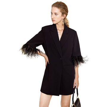 Black Women Blazer Dress Loose Leisure Feather Office Ladies Business Custom Made Formal Outfit One Jacket