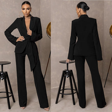 Black Women Pants Suits Celebrity Lady Evening Party Blazer Wear Lace Tops 2 Pieces