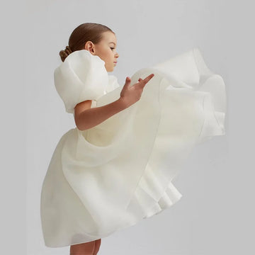 Girls White Puff Sleeve Organza Dress Twirl Skirt