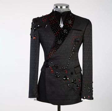 Elegante esmoquin de jacquard con cuentas para hombre: traje de boda cruzado y blazer formal. Conjunto elegante de fiesta.