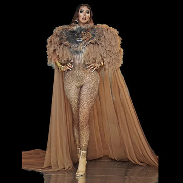 Majestic Lion Queen Jumpsuit with Flowing Mesh Cloak for Stunning Dance and Cosplay Performances