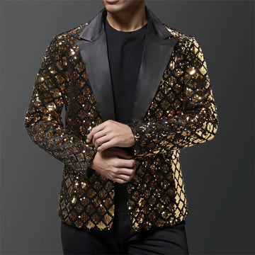 Chaqueta de traje a cuadros con lentejuelas de lujo para hombre, color dorado y plateado, para cantante, presentador, fiesta, vestido holgado, abrigo