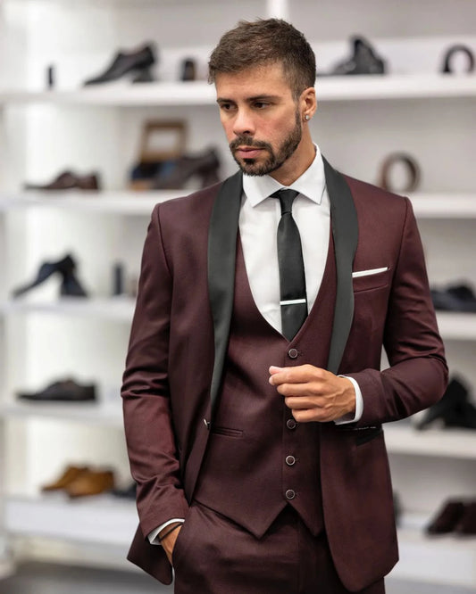 Trajes de hombre burdeos de corte entallado de 3 piezas para boda, esmoquin para novio, chaqueta, pantalón y chaleco.