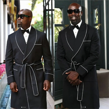 Trajes de boda de moda para hombre, abrigo largo, solapa chal, esmoquin cruzado, para novio, blazer de negocios, solo chaqueta y cinturón.