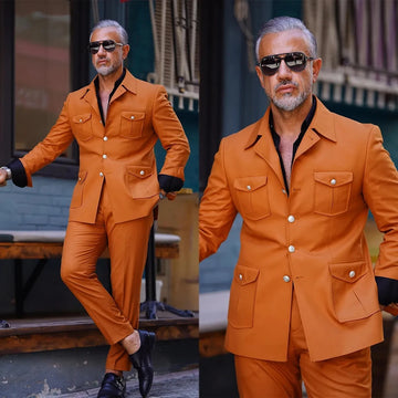 Costume de mariage orange pour homme, 2 pièces, veste décontractée, pantalon, blazer à quatre poches, sur mesure