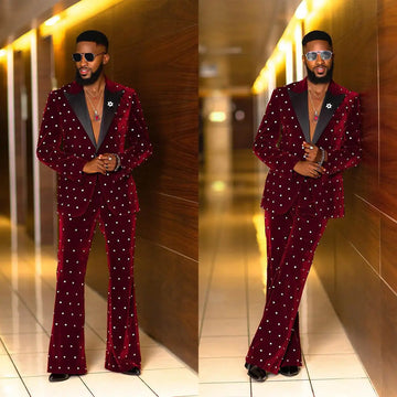 Glamorous Men's Velvet Wedding Tuxedo with Crystal Accents - Custom Made 2-Piece Blazer and Pants Set for Stylish Grooms and Prom Events
