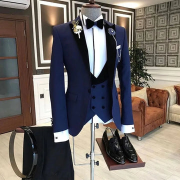 Fashion Men's Suit Navy Blue 3 Pieces Design Peak Lapel One Button Blazer Wedding Groom Tuxedo Smart Casual Slim Fit Suit