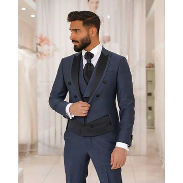 Traje azul marino ajustado de doble botonadura para hombre, 3 piezas, blazer, pantalón y chaleco, elegante conjunto informal para boda, formal y de trabajo.