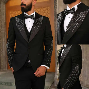 Trajes de boda para hombre con diamantes de imitación, esmoquin de un solo pecho, chaqueta de 3 piezas, pantalones, chaleco, traje de fiesta de negocios personalizado
