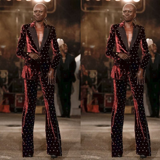 Costume de mariage pour femme, pantalon en velours bordeaux, avec perles, pour mère de la mariée, tenue de soirée ou de cérémonie