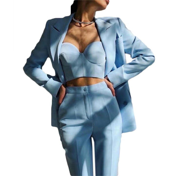 Costume de mariée bleu ciel à manches longues pour femme, tenue de soirée décontractée, tenue de mariage (veste + pantalon)