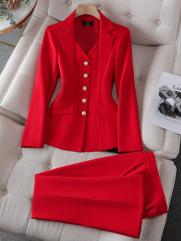 Red Blazer Jacket And Pant Suit Trousers Women Office Ladies Work Wear Formal 2 Piece Set