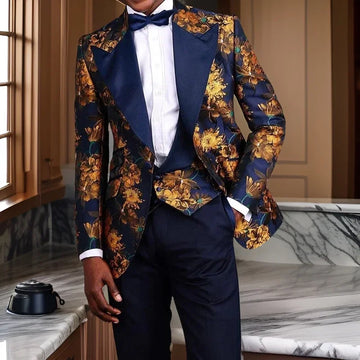 Smoking de marié fleuri pour mariage, bal de promo, costume 3 pièces en jacquard pour homme, coupe slim, costume tendance pour homme (veste, gilet et pantalon)