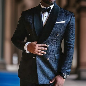Costume homme jacquard fleuri coupe slim avec smoking croisé pour garçons d'honneur, ensemble de mode masculin à revers châle noir