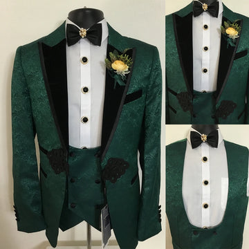 Costume de mariage 2 pièces en jacquard floral pour homme, coupe slim, smoking chinois, revers pointus, veste et gilet personnalisables