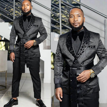 Floral Pattern Mens Wedding Tuxedos Beading Shawl Lapel Jacket Pants Suits 2 Pieces Birthday Party Prom Formal Groom Wear