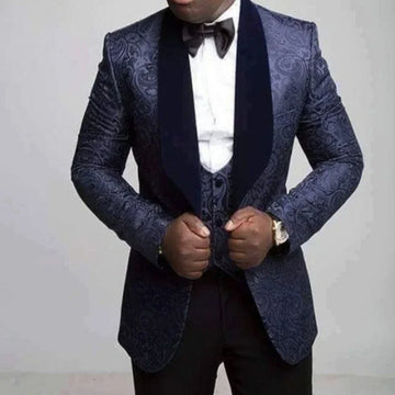 Floral Pattern Suits for Mens Wedding Groom Tuxedo with Velvet Shawl Lapel Slim Fit Fashion Blazer 3 Pieces African Costume