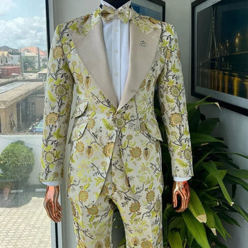 Floral Suits For Men Slim Fit 2 Pcs Jacquard Wedding Groom Tuxedo Custom Male Fashion Costume (Jacket + Pants)