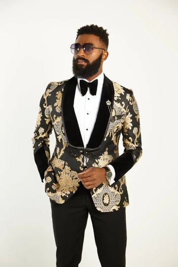 Costume de mariage à fleurs pour hommes, smoking formel à revers châle à fleurs dorées, costume 2 pièces pour homme, coupe slim