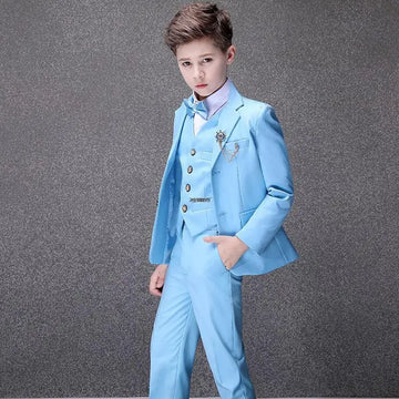 Boys Light Blue Three Piece Suit with Bow Tie and Decorative Chain