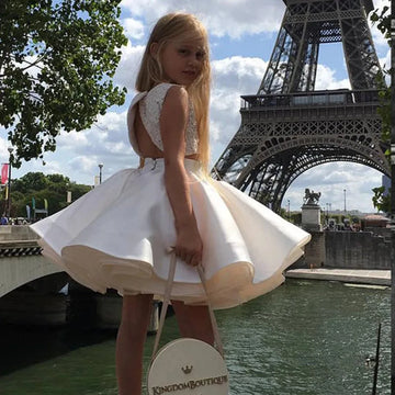 Girls Sleeveless Flare Party Dress with Lace Top and Open Back