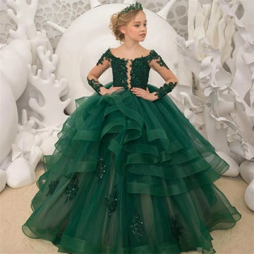 Robe de bal élégante en tulle à manches longues et dentelle florale vert foncé
