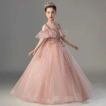 Girls Princess Ball Gown Pink Dress with Flower Appliques and Ruffled Sleeves